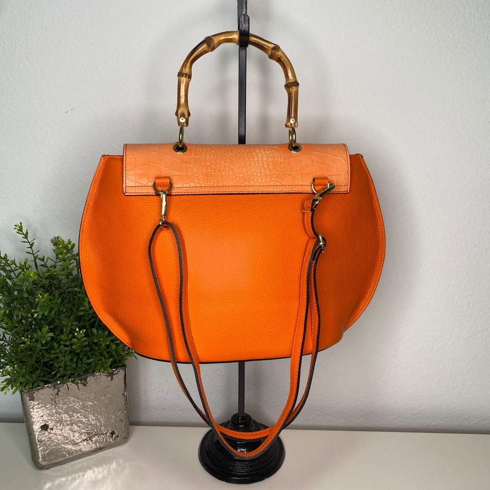 Borse in Pelle Satchel Crossbody Shoulder Bag Croc Emboss Orange Pebble Leather - Picture 2 of 12